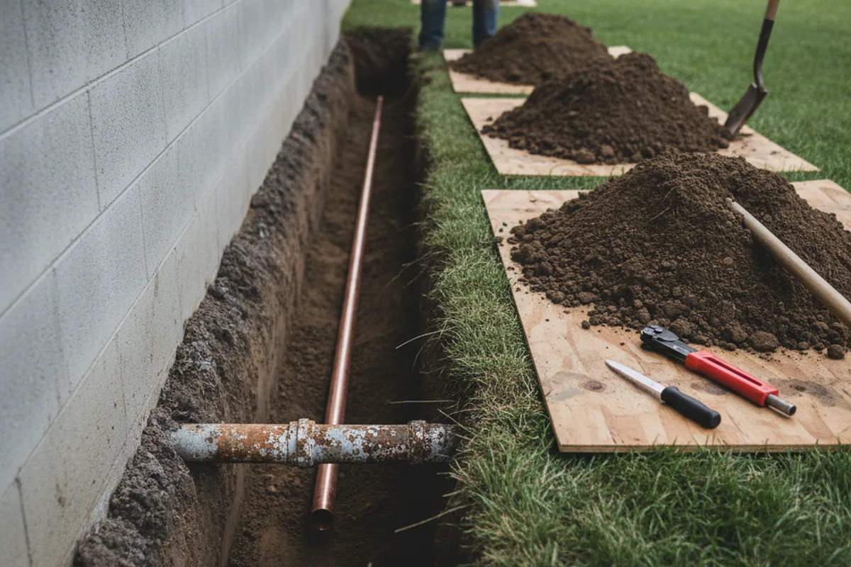 Excavated water line trench during Water Heater Repair in Commerce City